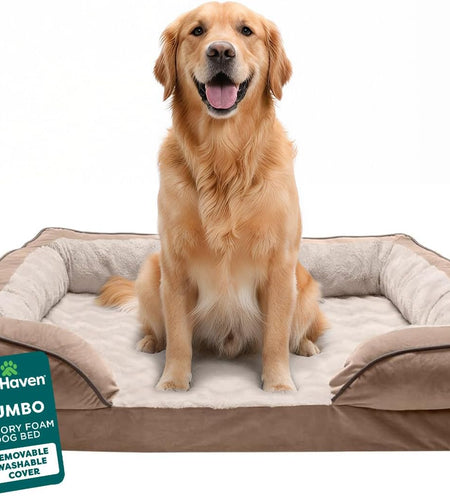 Memory Foam Dog Bed for Large Dogs W/ Removable Bolsters & Washable Cover, for Dogs up to 95 Lbs - Plush & Velvet Waves Perfect Comfort Sofa - Brownstone, Jumbo/Xl