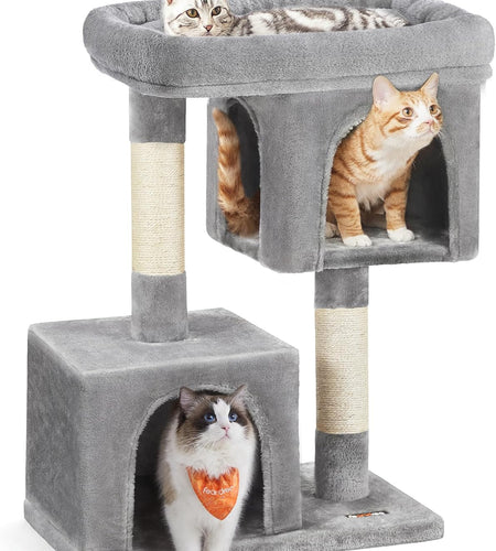 Cat Tree, 33.1-Inch Cat Tower, Plush Condo for Large Cats up to 16 Lb, Large Perch, 2 Caves, Scratching Post, Light Gray UPCT61W